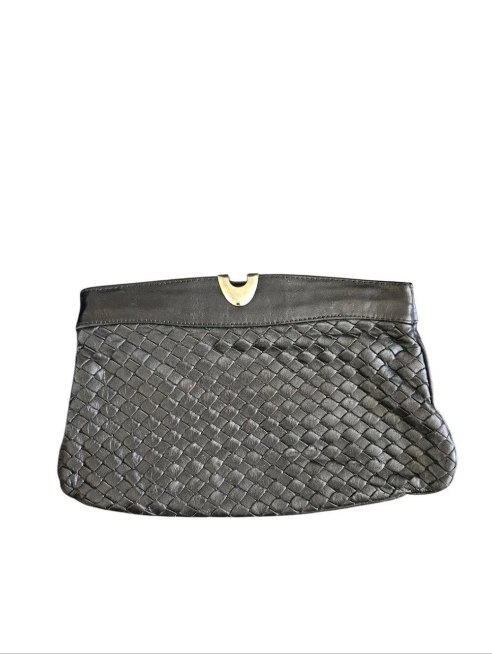 Vintage Black Intrecciato Woven Leather Clutch With Gold Accent